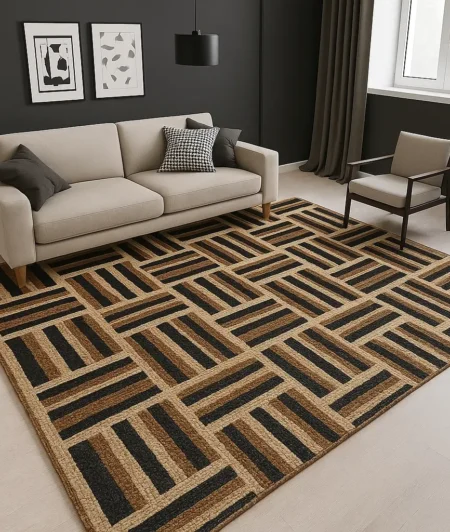 Risala Natural and Black Jute Rugs InLiving Room