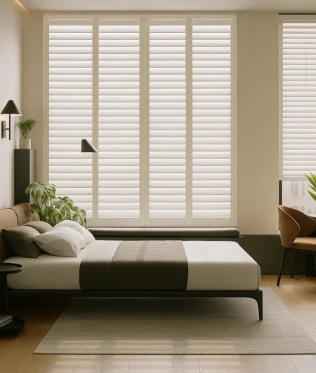 Risala Pure White Wooden Blinds In Bedroom