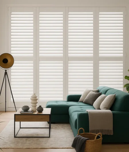Risala Pure White Wooden Blinds In Living Room