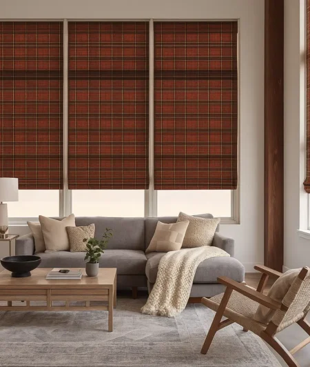 Risala Rustic Redwood Bamboo Blinds In Living Room