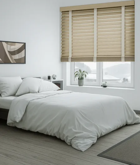 Risala Shabby White Wooden Blinds In Bedroom