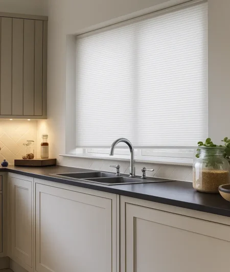 Risala Silver Mist Pleated Blinds In Kitchen
