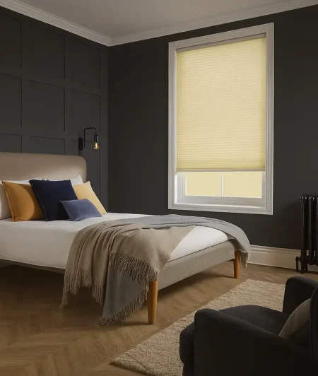 Risala Soft Beige Pleated Blinds In Bedroom