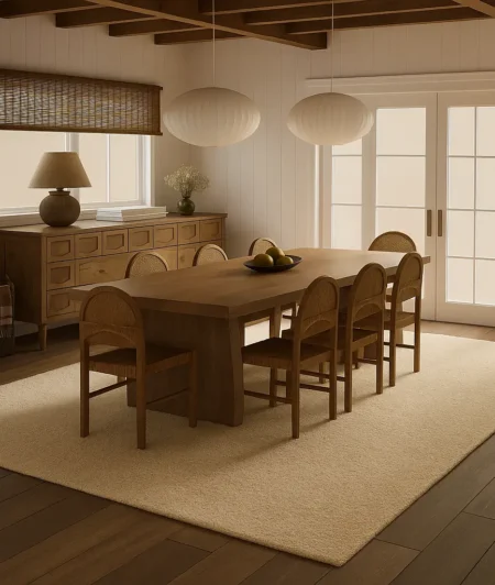 Risala Square White Shaggy Rugs In Dining Area