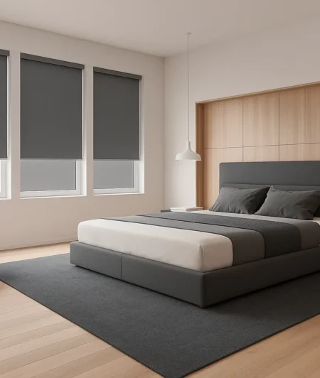 Risala Steel Grey Blackout Blinds In Bedroom