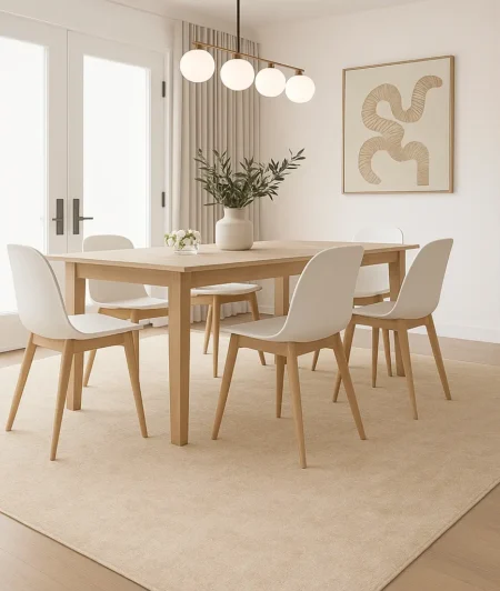 Risala Striated Glimmer Wool Rug In Dining Room