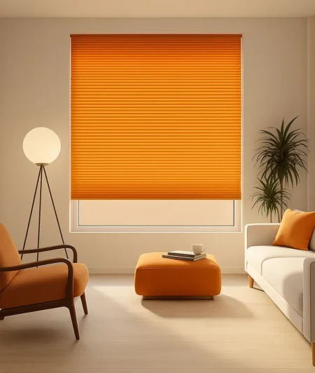Risala Sunset Orange Pleated Blinds In Living Room