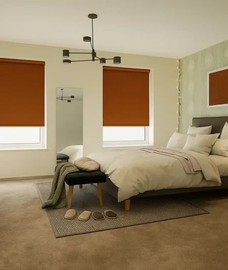 Risala Warm Brown Blackout Blinds In Bedroom