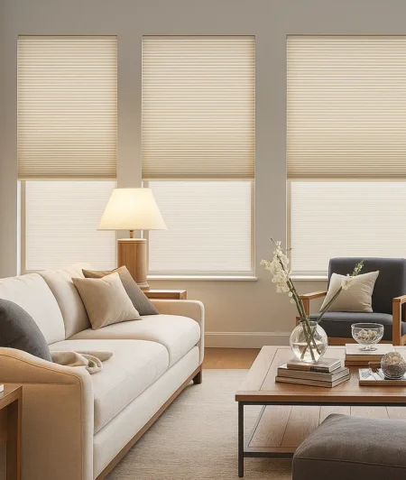 Risala Whisper White Honeycomb Blinds In Living Room