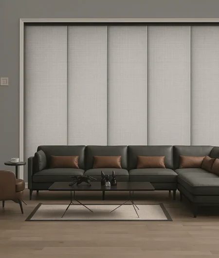 Risala White Stone Panel Blinds In Living Room