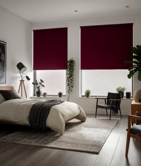 Risala Wine Maroon Blackout Blinds In Bedroom