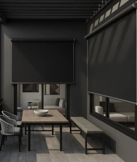 Risala Black Outdoor Blinds In Outdoor Balcony