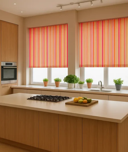 Risala Coral Stripe Motorized Blinds In Kitchen
