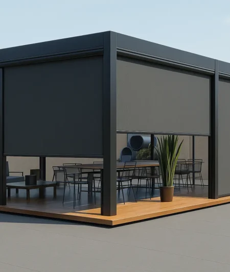 Risala Graphite Outdoor Blinds In Outdoor Cafe Area