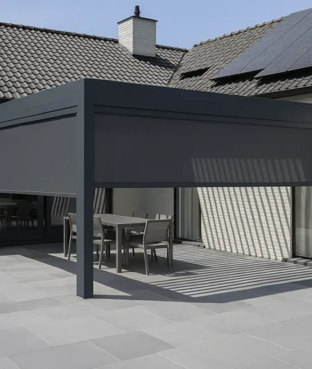Risala Graphite Outdoor Blinds In Outdoor Pergola