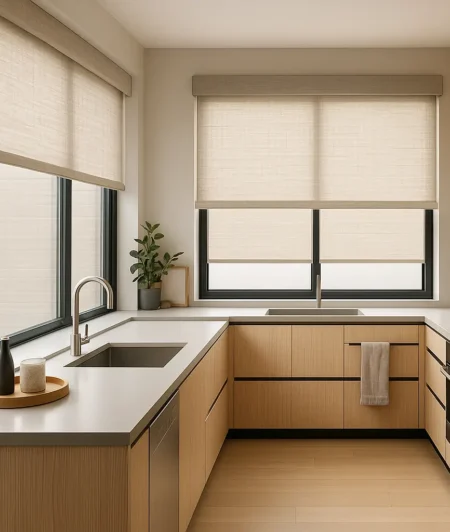 Risala Linen Beige Motorized Blinds In Kitchen