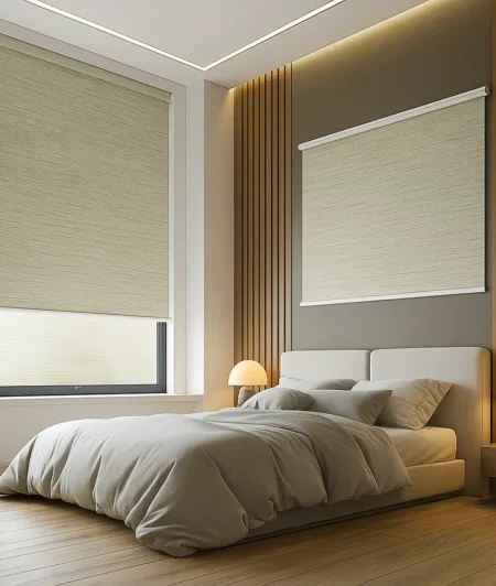 Risala Olive Texture Motorized Blinds In Bedroom