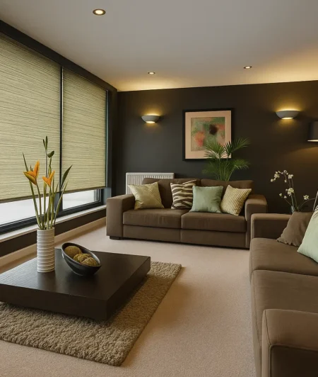 Risala Olive Texture Motorized Blinds In Living Room