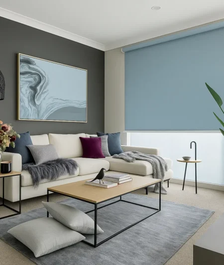 Risala Sky Blue Motorized Blinds In Living Room
