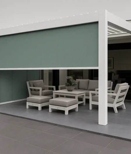 Risala Smoke Outdoor Blinds In Outdoor Pergola
