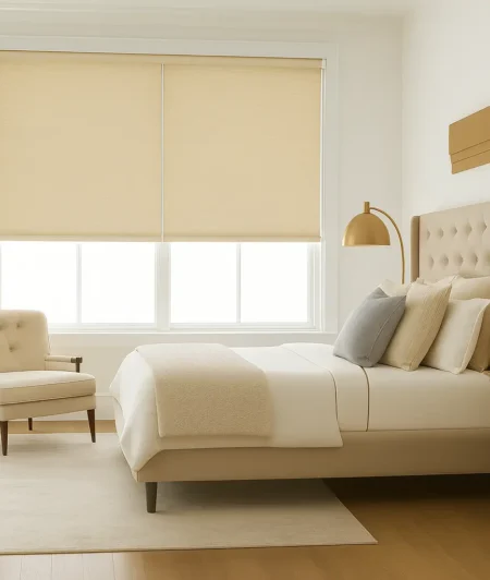 Risala Soft Sand Motorized Blinds In Bedroom