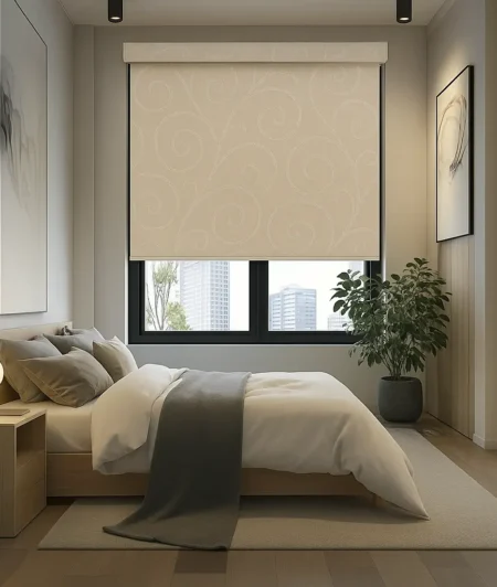 Risala Swirl Cream Motorized Blinds In Bedroom
