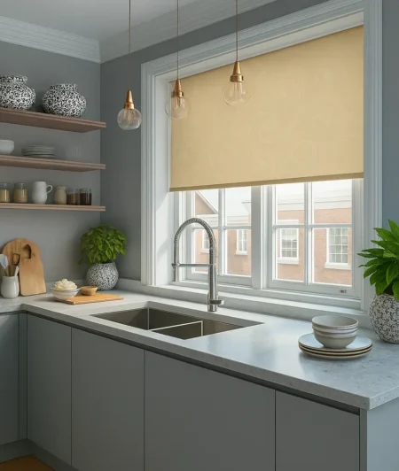 Risala Swirl Cream Motorized Blinds In Kitchen