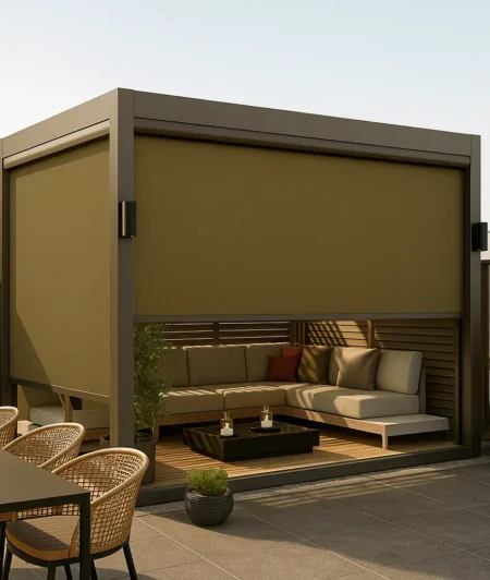 Risala Taupe Outdoor Blinds In Outdoor Pergola