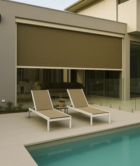 Risala Taupe Outdoor Blinds In Swimming Pool Areas